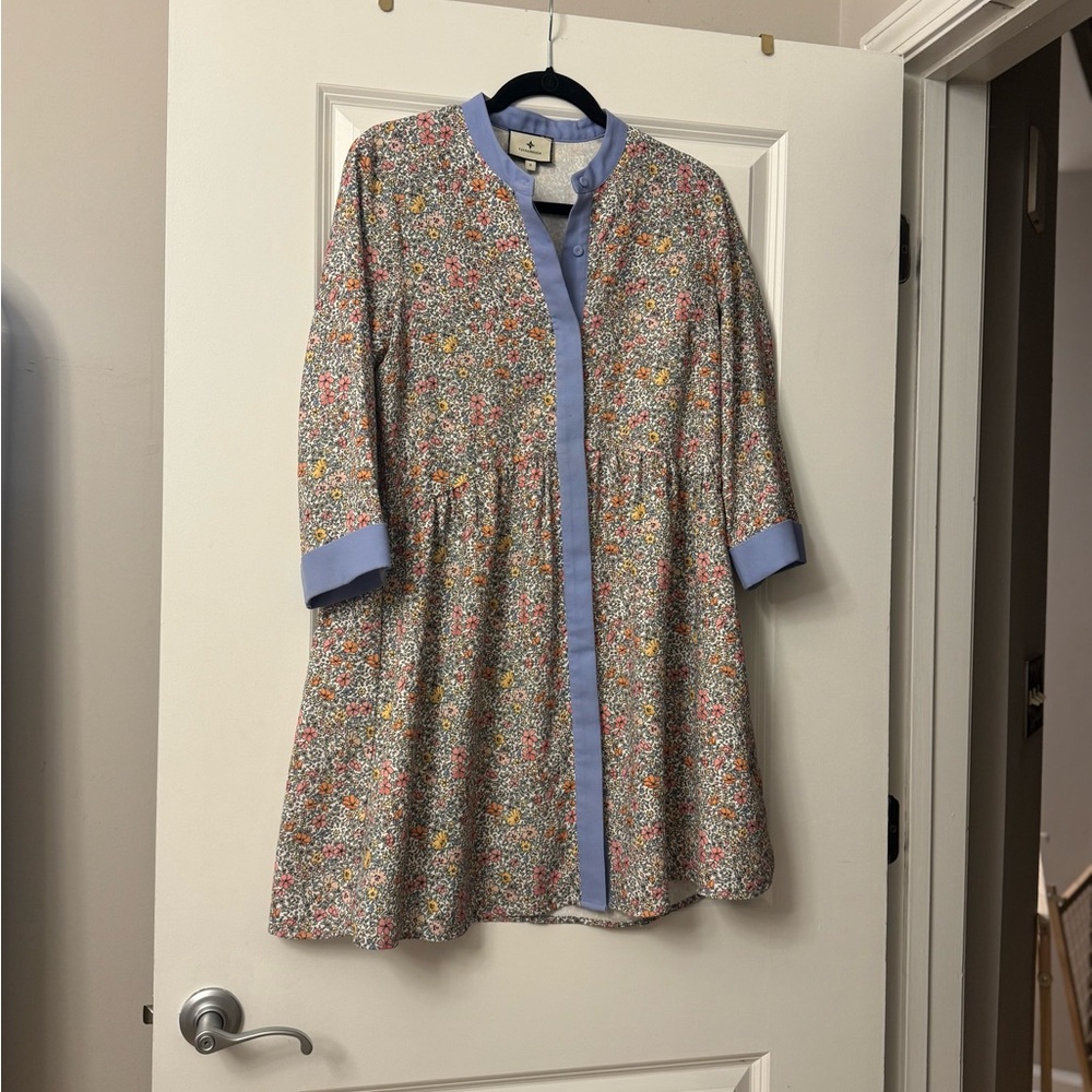 Floral Button-Front Royal Tunic Dress with Blue Trim